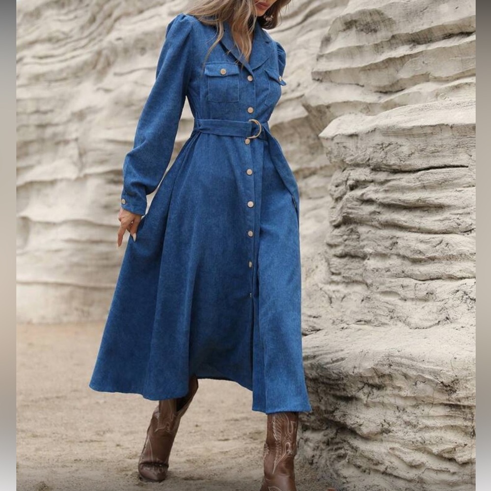 Elegant Blue Belted Button Down Corduroy Dress - Picture 4 of 8